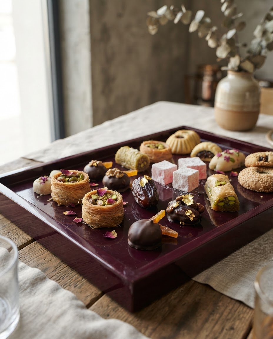 An assortment of Arabian pastries and chocolate bites on a deep cherry tray